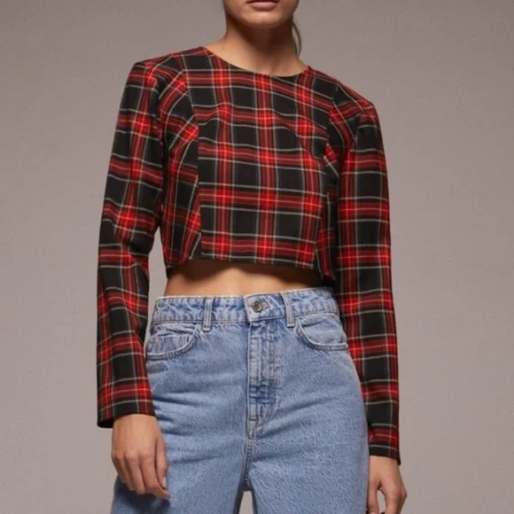 β€οΈ ZARA RED BLACK PLAID LONG SLEEVE CROP TOP! - Picture 5 of 13